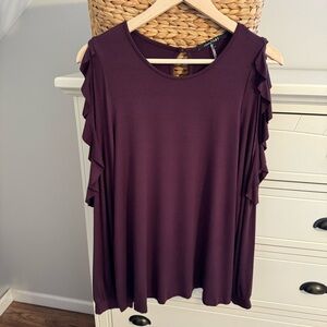 NEW Lemon Tart Cold Shoulder Ruffle Purple Long Sleeve Rayon Top Women’s Large